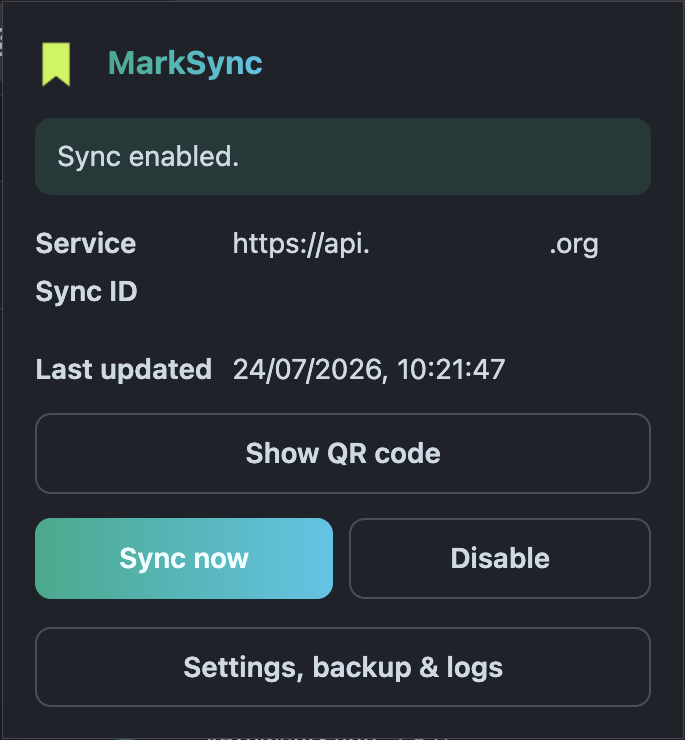 MarkSync browser extension panel showing sync enabled, the sync service, sync ID and last updated time, with buttons to sync now, show a QR code, disable syncing, and open settings, backup and logs.