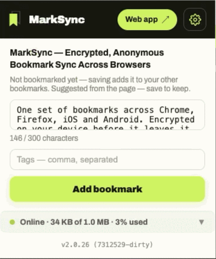 MarkSync extension popup adding the current page as a bookmark, with a pre-filled title, an editable description with a character counter, a tags field and an Add bookmark button.
