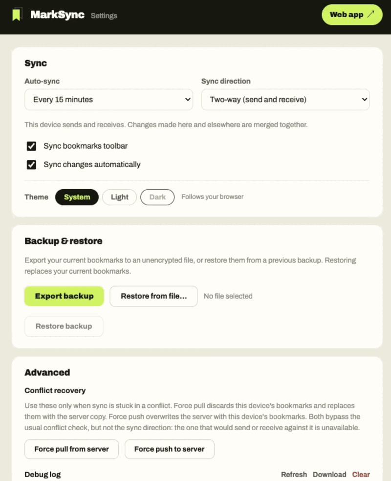 MarkSync settings page with auto-sync interval and sync direction, toolbar and automatic sync options, a theme switcher, backup and restore controls, and advanced conflict recovery actions.